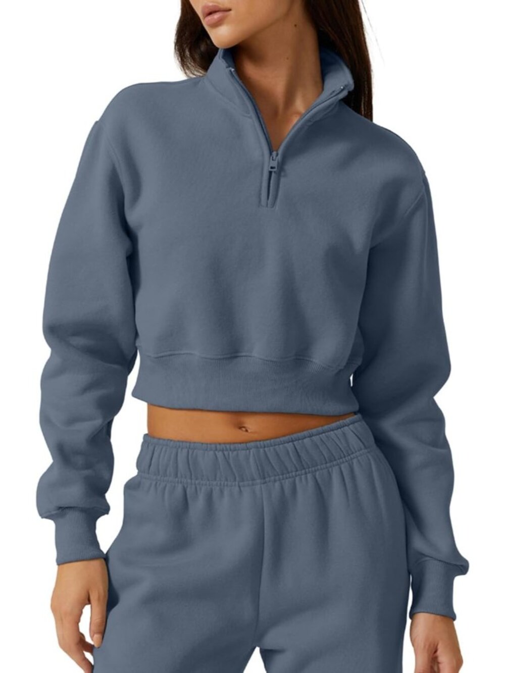Women Slate Blue Solid Fleece High Neck Half Zip Pullover Cropped Top Sweatshirt